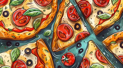 Naklejka premium Pizza slices with various toppings like tomatoes and basil.