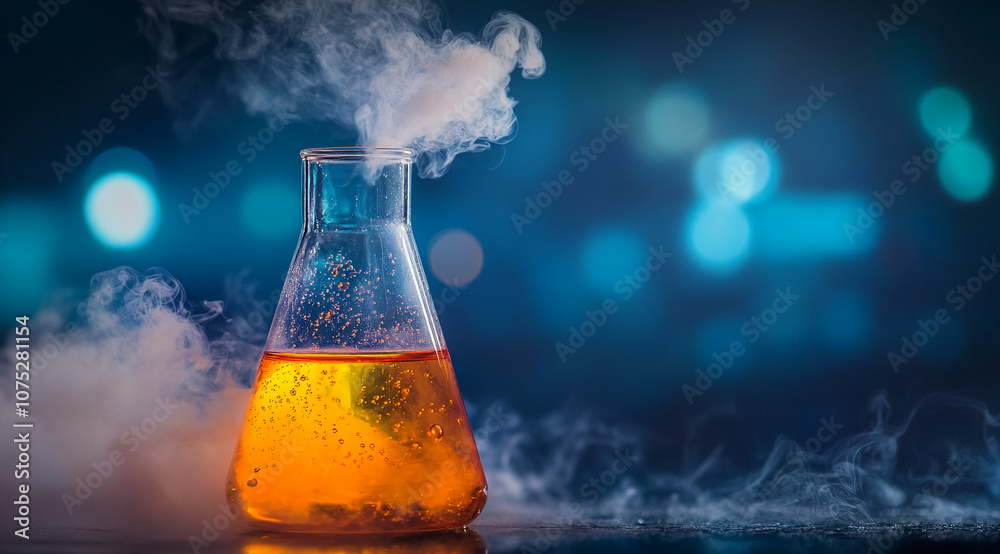Poster a glass flask filled with a yellow liquid is releasing smoke in a laboratory setting