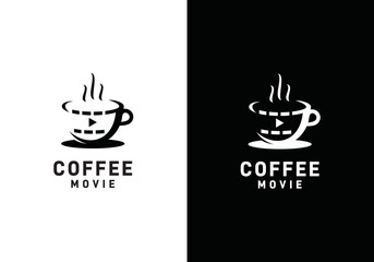 movie with coffee cup logo. film strip videography production symbol vector template