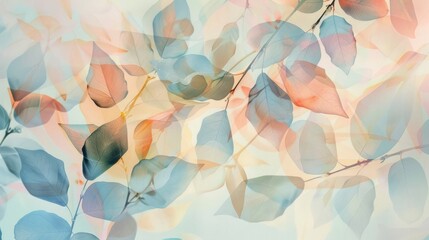 The design has a light and airy feel, with leaves overlapping each other and a pastel color palette.