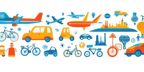 Naklejka premium A collection of transportation symbols in bright colors, featuring cars, planes, and bicycles. 