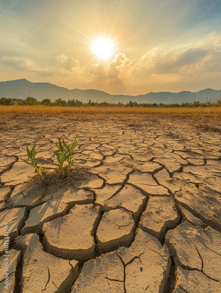 Poster the ground reveals cracks from drought, with sparse, wilting plants struggling under the intense hea