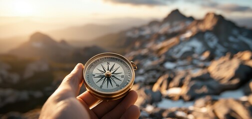 A hand holds a compass against a breathtaking mountain backdrop during sunset, symbolizing exploration and adventure in nature.