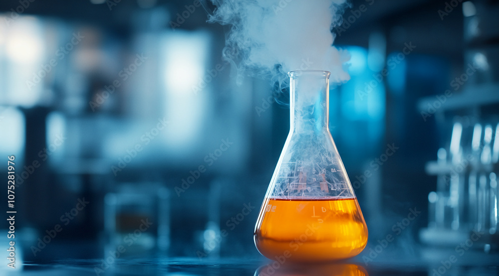 Poster a beaker filled with a yellow liquid sits on a table in a laboratory, emitting smoke as the contents