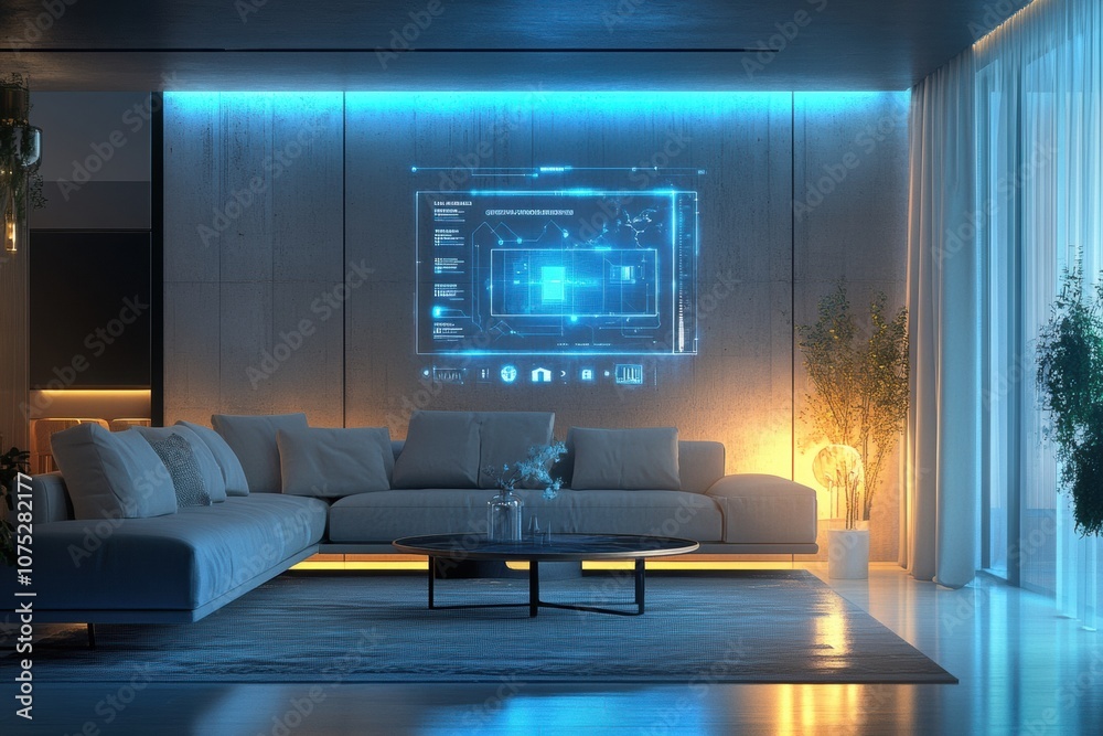 Poster a stylish living room features customizable smart lighting and touch panels, creating a tranquil atm
