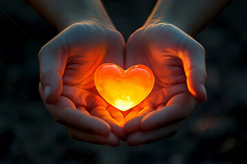 Fototapeta premium A pair of hands gently cradles a glowing heart-shaped stone during twilight, symbolizing love and warmth in nature