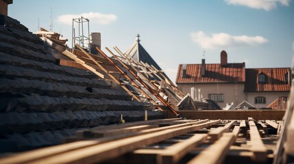 Naklejka premium Construction materials on a rooftop with scaffolding