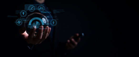 businessman on document planning the business plans and analyse  profitability of working companies with digital augmented virtual graphics for project manager working on laptop and update information