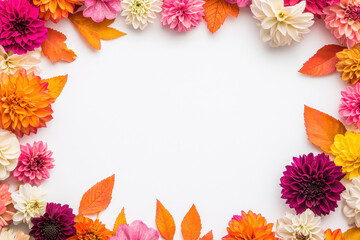 Obraz premium A vibrant floral frame featuring colorful flowers and leaves, perfect for invitations and greeting cards.