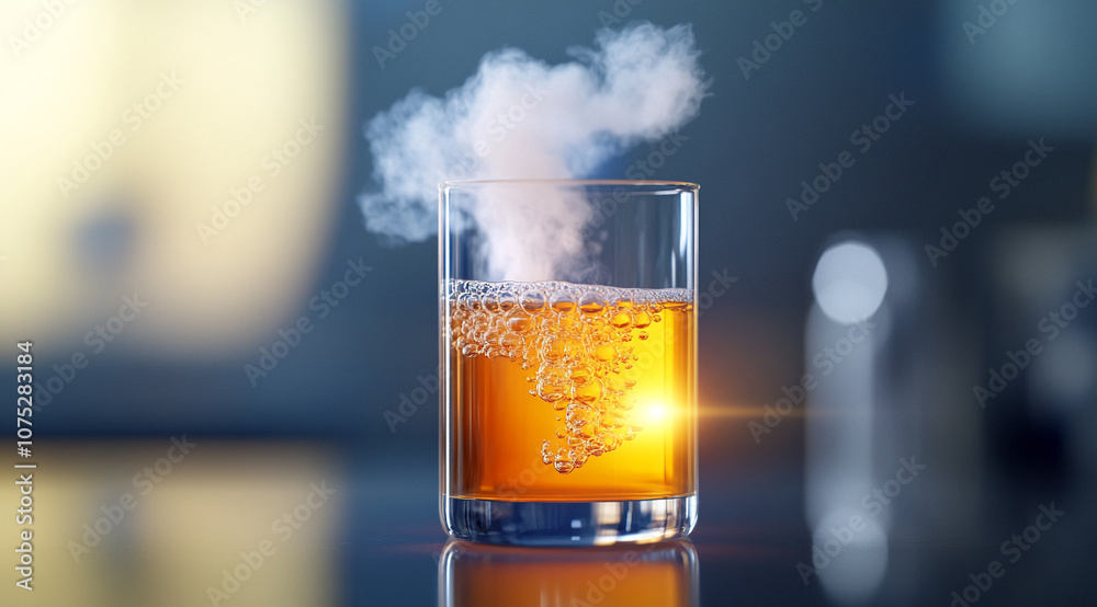 Poster a glass of liquid with a light-colored gas rising from it sits on a table against a blurred backgrou