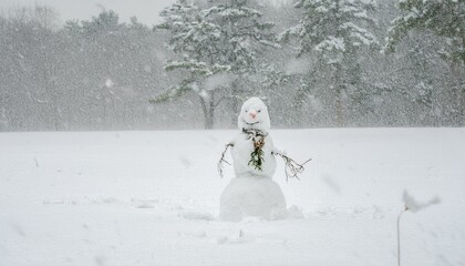 Fototapeta premium A snowman standing alone on a snowy day