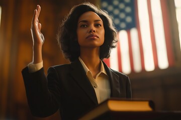 A woman takes an oath in a courtroom setting with an American flag in the background during the morning session of a trial