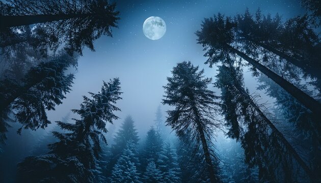 Conjunto de arboles, mirando a una noche oscura de luna llena