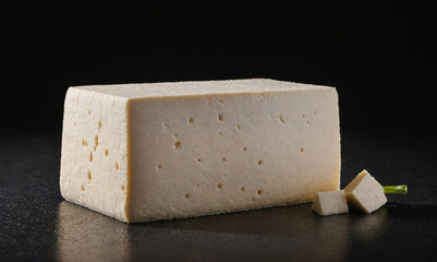 A block of white cheese sits on a dark surface, with two smaller pieces in the foreground