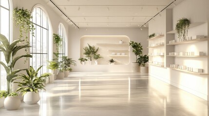 Fototapeta premium Elegant, empty boutique interior with polished floors, uncluttered shelves, and simple decor, ready for creative retail arrangements and product displays