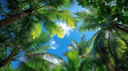 Fototapeta premium A vibrant view of palm trees against a blue sky with scattered clouds.