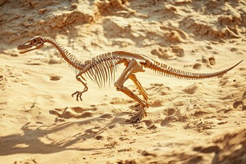 A detailed dinosaur skeleton fossil in a sandy desert environment under soft sunlight