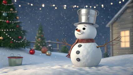 Christmas snowman with silver bucket on his head.