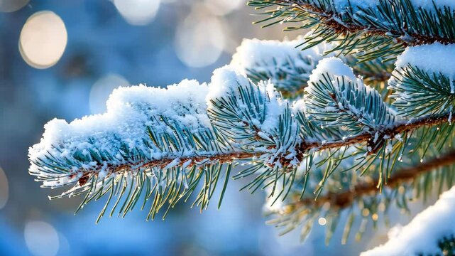 Close up of pine-tree branch covered with snow