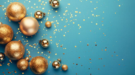 Christmas baubles with copy space on blue background.