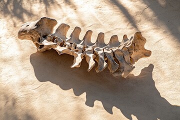 A large dinosaur vertebra fossil displayed on the ground under bright sunlight, showcasing its unique structure and texture in a natural setting