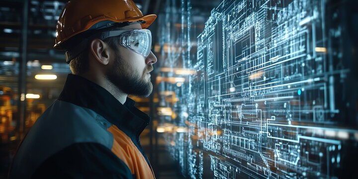 Construction worker wearing safety glasses looking at a digital blueprint.