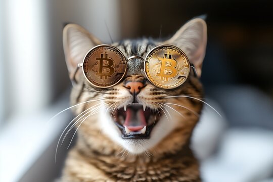 A playful, crypto enthusiast tabby cat with Bitcoin glasses, smiling in a bright, sunny setting.