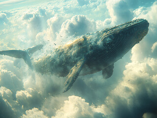 Fototapeta premium a whale breaching in the cloud ocean, creating a spray of water and splashing it up into the air.