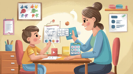 ABA (Applied Behavior Analysis) therapy session. Illustration a child sitting at a table engaging with therapist, generative ai