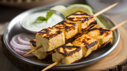 Delicious skewers of grilled paneer served with fresh salad and mint yogurt dip.