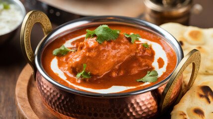 A serving of rich, aromatic chicken curry garnished with cilantro, accompanied by naan bread, showcasing vibrant colors and inviting textures.
