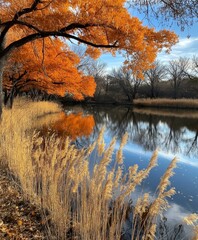 Obraz premium Tranquil Autumn Landscape with Reflections of Golden Trees on Serene Waters