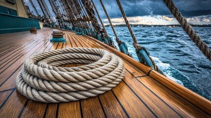 Obraz premium A coiled rope rests on a wooden deck, with turbulent waters and dark clouds in the background.