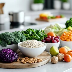 Prebiotic foods rich in FOS and inulin laid out on a kitchen counter, promoting digestive health