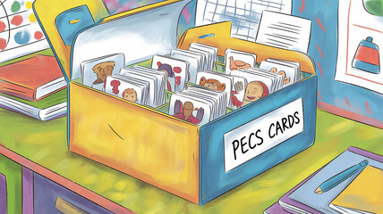 PECS Cards colored folder is open on an organized workspace, displaying picture cards for communication illustration, generative ai