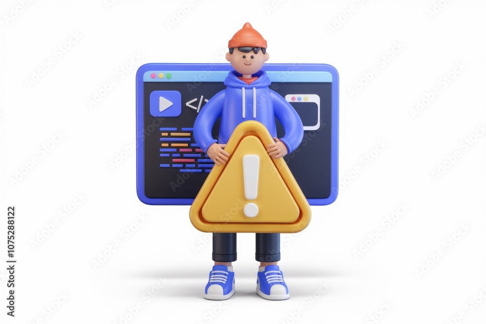 Aufkleber 3d cartoon character holding warning sign in front of a website.