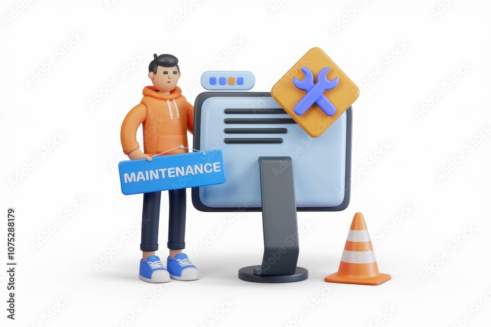 Poster 3d cartoon character holding maintenance sign in front of computer.