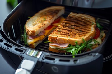 A toasted sandwich with melted cheese, ham, fresh lettuce, and juicy tomato, prepared in an air fryer, highlighting vibrant ingredients and golden, crispy bread