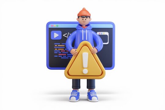 3D cartoon character holding warning sign in front of a website.