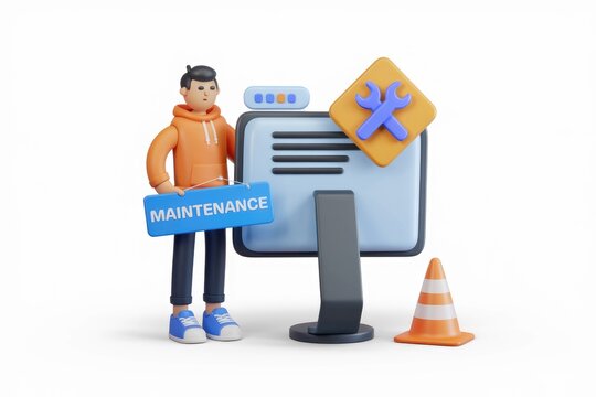 3D cartoon character holding maintenance sign in front of computer.