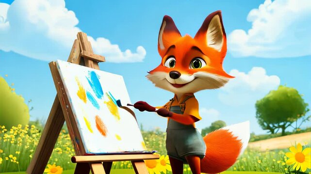 A fox in a painter's outfit holding a paintbrush, standing beside a canvas, outdoor background.