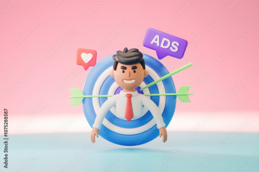 Poster 3D illustration of a man standing in the middle of a target with arrows pointing at him.