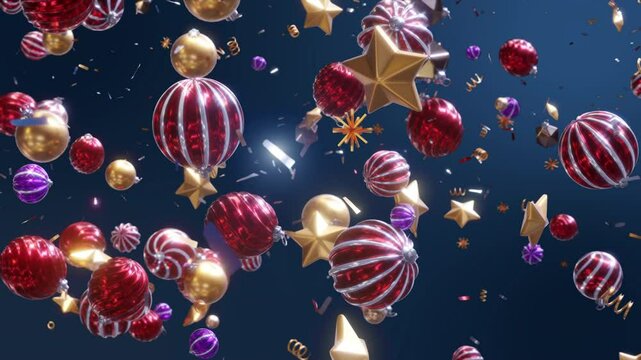 Colorful Christmas balls Background, gifts and Golden stars moving in space with confetti On Blue Screen. Loop 3D animation render 4K.