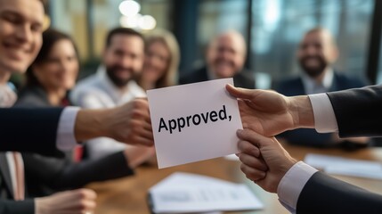 A group of executives expresses joy as one hands over an approval document during a meeting. Everyone is engaged and smiling, showcasing teamwork and achievement