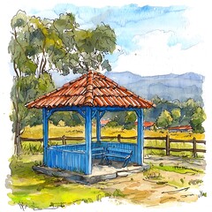 Watercolor painting of a blue wooden gazebo with a red tile roof in a rural landscape.