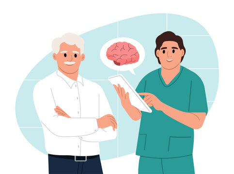 World Brain Day. A doctor talks to a patient about a brain disease. A neurologist, a scientist who studies brain diseases. Flat vector illustration.