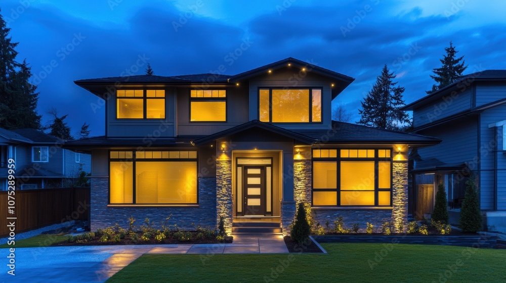 Aufkleber this modern house features warm lighting at night, with glowing alarm system indicators on the windo