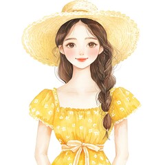 Watercolor Illustration of a Smiling Girl in a Yellow Dress and Straw Hat.