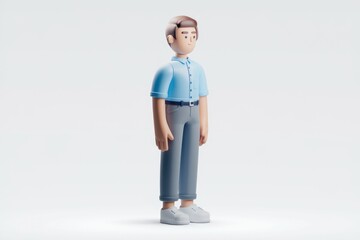 Fototapeta premium A 3D cartoon character stands casually in a light blue shirt and grey pants.