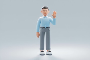 3D cartoon man with blue shirt and grey pants waves hello